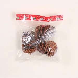 Christmas pine cones with artificial snow coating in festive holiday packaging