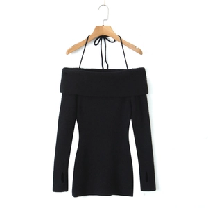 Slim fit black off-shoulder knitted dress with long sleeves, halter neck and thumb holes