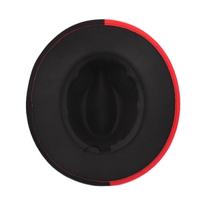 Close-up of the interior lining, sweatband and red-black felt of the fedora hat