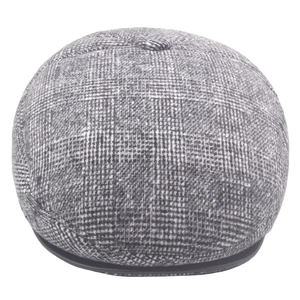 Classic grey checkered winter flat cap for elderly men with warm thick tweed fabric