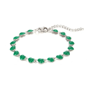 Detail of silver chain bracelet with green enamel hearts and adjustable lobster clasp