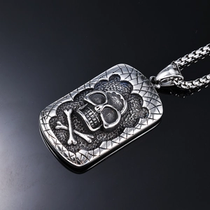 Gothic hip-hop stainless steel square pendant necklace featuring skull and crossbones design