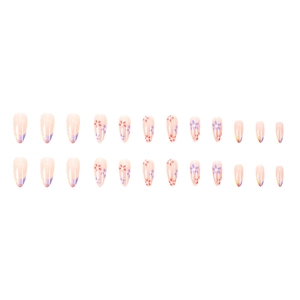 French almond press-on nails with floral patterns and purple orange gradient finish
