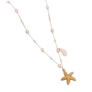 Elegant gold starfish and seashell pendant necklace with pearls on a fine chain