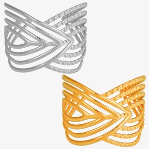Detail showing hollow multi-layer geometric V-shaped rings with micro-bead textures