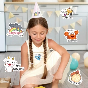 Vibrant cartoon animal reward stickers for kids featuring puns and motivational phrases