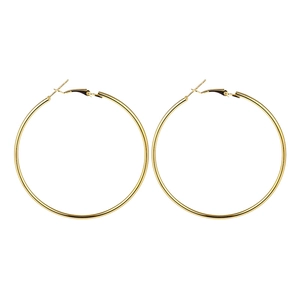 Detailed view of large thin gold hoop earrings with polished finish and classic pin closure