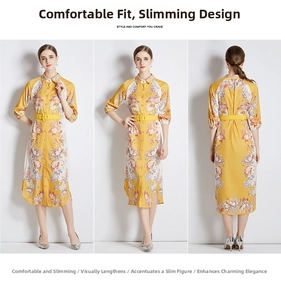Three-way view of printed shirt dress with yellow waist belt and side slit detail