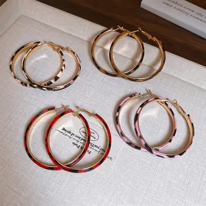 Leopard Print Hoop Earrings Faux Leather Alloy Gold Round Fashion Retro Jewelry With 925 Sterling Silver Earring Post