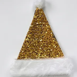 Festive gold sequin Christmas hat with soft white plush brim and pom-pom topper