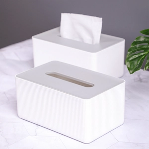 Minimalist Tissue Box Holder Rectangular Plastic With Gray Lid Vertical Stripe Desktop Dispenser For Home Office