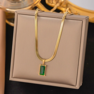 Gold-plated herringbone snake chain necklace featuring a rectangular green gemstone pendant
