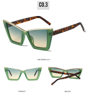 Cat eye sunglasses detail with green frames and leopard print temples from multiple views
