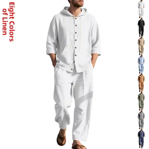 Detail showing eight available colors of the men's casual linen hooded shirt and pants set