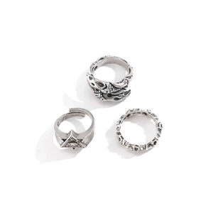 3-piece vintage silver ring set with dragon claw and hexagram all-seeing eye motifs