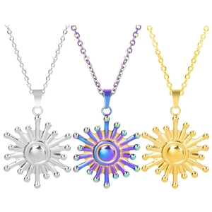 Three sun pendants in gold, silver, and rainbow steel finishes with O-chains and lobster clasps