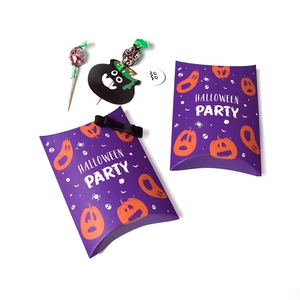 Two purple Halloween pillow candy gift boxes with festive cat and ghost decorations