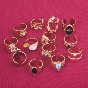 Set of 13 bohemian gold-plated stainless steel rings with turquoise and floral patterns