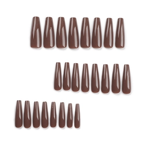 Glossy coffee brown long ballerina press-on nails set in mocha finish for women
