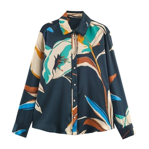 Women Satin Long Sleeve Blouse Abstract Floral Print Button Down Shirt Satiny Draped Casual Office Elegant Top