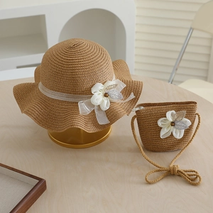 Girls Straw Sun Hat And Straw Crossbody Bag With Mesh Flower Lace Wave Brim Breathable Beach Summer Vacation Fashion Accessories