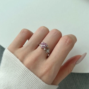 Detailed view of S925 silver ring featuring pink heart stone and star zircon accents