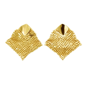 18k gold plated rhombus stud earrings with elegant long metal mesh tassel drop