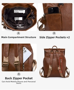Detailansicht des braunen Vintage-Rucksacks mit Innentaschen und Diebstahlschutz-Rückentasche