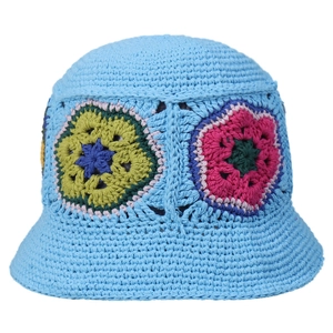 Handmade crochet bucket hat with colorful floral knit squares in a light blue finish