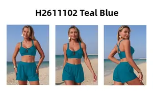 Three-way view of a teal blue two-piece swimsuit with cutout top and high-waisted bottoms