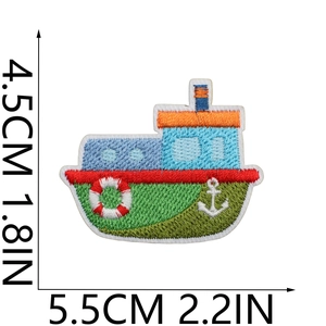 Detailed view of cartoon ship embroidery patch with dimensions 5.5cm x 4.5cm
