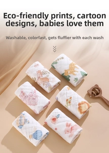 Detail of 6-pack cotton baby washcloths featuring colorful cartoon animal prints