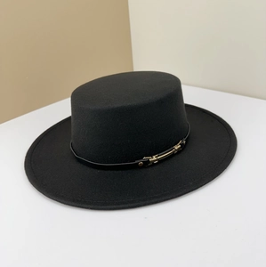 Elegant black wide-brim wool fedora hat with a leather strap and gold buckle detail