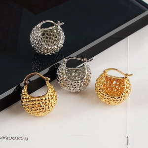 Woven Mesh Hoop Earrings Copper Real Gold Plated Hollow Ball Geometric Retro French Style Jewelry For Women