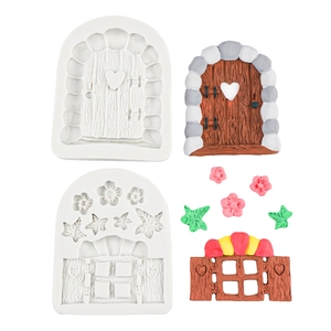 Silicone fondant mold set featuring mushroom style fairy door and windows for cake decor