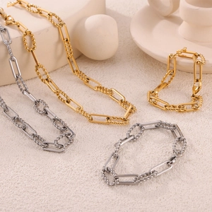 Hip-hop style titanium steel geometric chain necklaces and bracelets in gold and silver