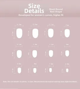 Size chart for short round press-on nails including 12 different sizes and 24 pieces