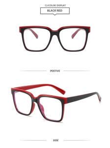 Detailed front and side view of square TR90 blue light blocking glasses in black and red