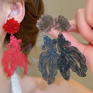 Goldfish Koi Dangle Earrings Resin Flower Hollow Out New Chinese Style For Women With 925 Sterling Silver Earring Post