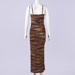 Detail view of the brown knit backless midi dress with textured fringe and slim straps