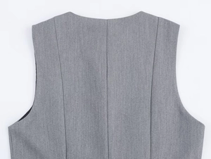 Detailed back view showing the tailoring and texture of the grey crepe two-piece dress vest