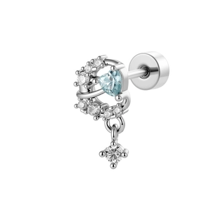 Exquisite silver heart and moon stud earring with light blue zircon and clear stones