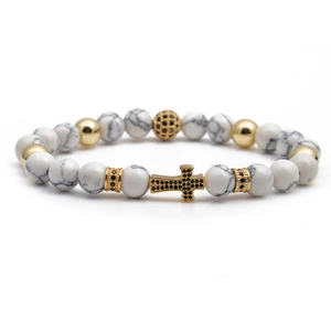 Men's beaded bracelet with white marble beads and gold micro-pave zircon cross charm