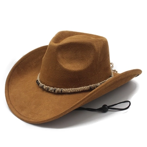 Chapeau De Cowboy Western Suédine Large Bord Rétro Fedora Avec Perles En Bois Style Ethnique Chapeau Soleil Extérieur Mixte