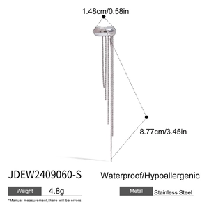 Detail view of silver stainless steel tassel ear cuff showing 8.77cm chain length and size