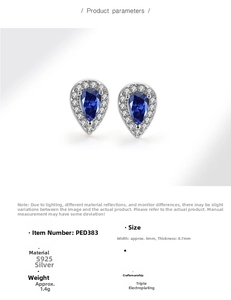 Detail view of S925 sterling silver teardrop earrings with blue zircon and white stones