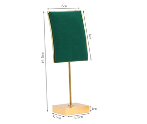 Dark green velvet necklace display stand with gold metal frame and dimensions 16.5cm height