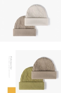 Detailed cable-knit texture of thick winter beanies in beige, khaki, and olive green colors