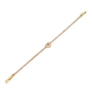 Elegante bracciale a cuore dorato con zirconi brillanti e ciondolo in smalto rosa raffinato