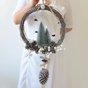 Rustic Christmas wreath with frosted mini trees, pinecones and white berries door decor